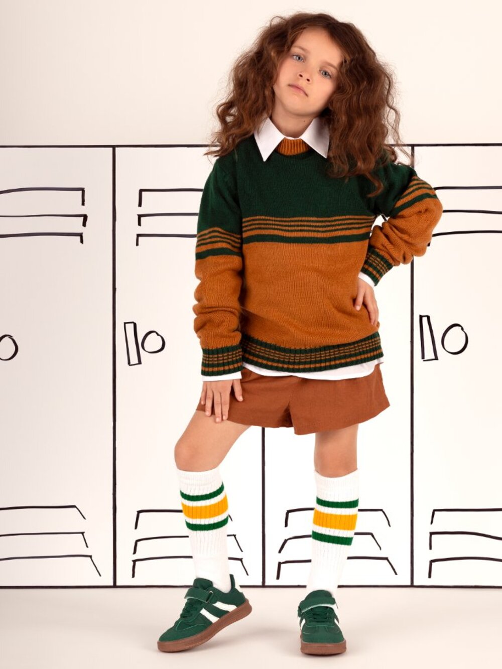 Vintage 70s Children's Green Yellow Striped Collegiate Crewneck Sweater Medium - Picture 7 of 10